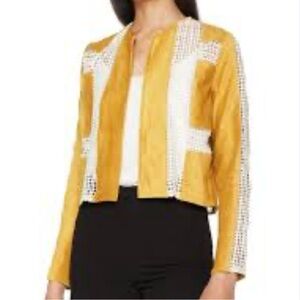 Goldie faux suede mustard yellow open front crochet paneling size M biker jacket